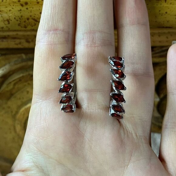 Natural Red Garnet Sterling Silver Hoop Earrings - Picture 8 of 9